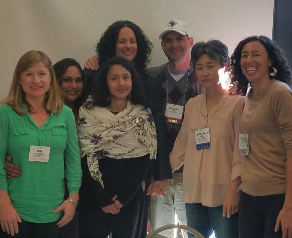 L to R: Kim Roberson of Global Greengrants, Rajasvini Bhansali of Thousand Currents, Bertha Isabel Zuniga Cáceres of COPINH, Jovanna Soto of Grassroots International, Rogerio Honh of MAB, Chung Wha of Grassroots International, and Joanna Levitt Cea of Thousand Currents at the Environmental Grantmakers Association retreat in Grand Teton National Park in Wyoming.